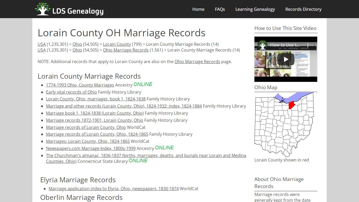 Lorain County OH Marriage Records - LDS Genealogy